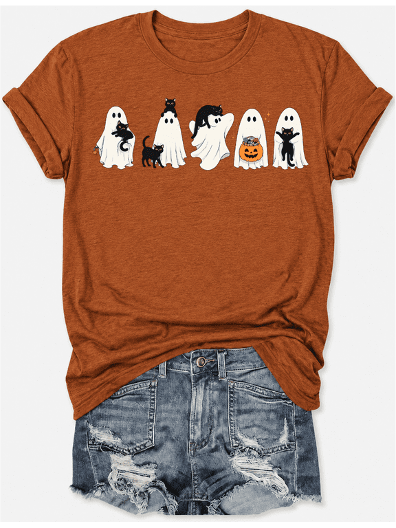 Women’s Halloween T-Shirt, Cute Ghost and Black Cat Graphic Tee, Funny Spooky Season Soft Cotton Top