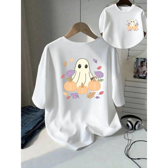 Women's Halloween T-Shirt, Cute Pumpkin & Ghost Graphic Tees, Fall Bat & Spider Print Tops,Fashion,cotton,white,S-5XL