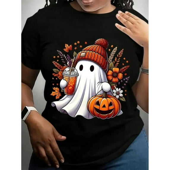 Women's Halloween T-Shirt, Fall Graphic Tee with Pumpkin & Leaves, Soft Short Sleeve Top,Round neck,Classic,cotton,black,S-5XL