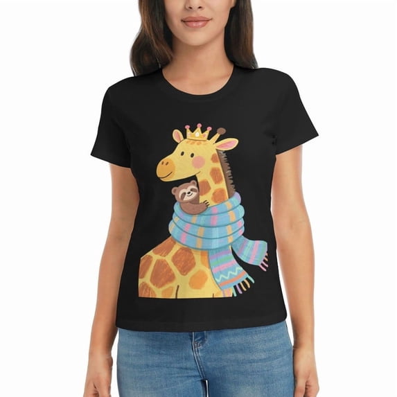 Women's Halloween T-Shirt Giraffe and Sloth Print Graphic Cozy Cute Short Sleeve Cotton Tee Halloween Novelty Tee Top