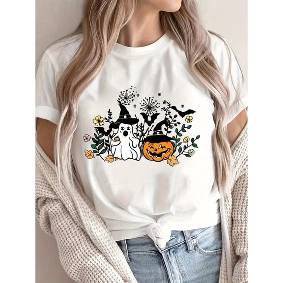 Women's Halloween T-Shirt, Graphic Tee Tops, Ghost Pumpkin Print，Comfort Top，Crew neck，Funny，cotton，white，S-5XL