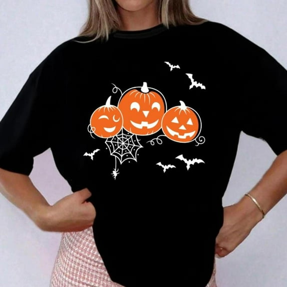 Women's Halloween T-Shirt, Happy Halloween Pumpkin Graphic Tee with Bats & Spider Web, Vintage Tops for Women，Funny ,cotton，black，S-5XL