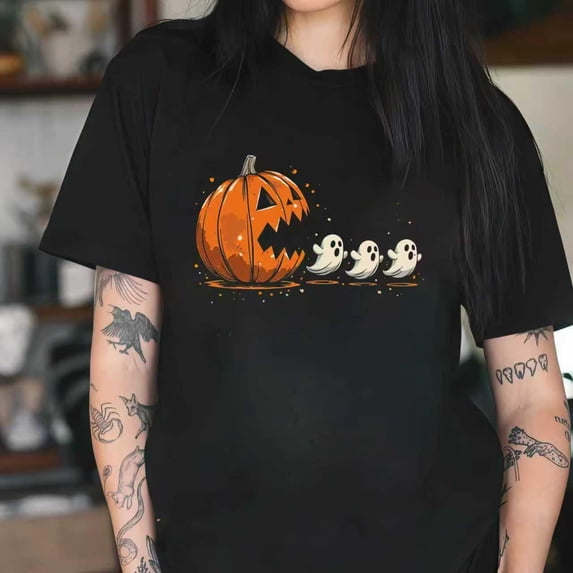 Women's Halloween T-Shirt, Orange Pumpkin & White Ghosts Graphic Tee, Print,Crew neck Casual Top,Funny,cotton,black,S-5XL