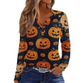 thumbnail image 1 of Women's Halloween T-Shirt Plus Size V-Neck 3/4 Sleeve Top, Witchy Print Halloween Blouse Fall Party and Casual Outfit 02-Yellow 2XL, 1 of 5