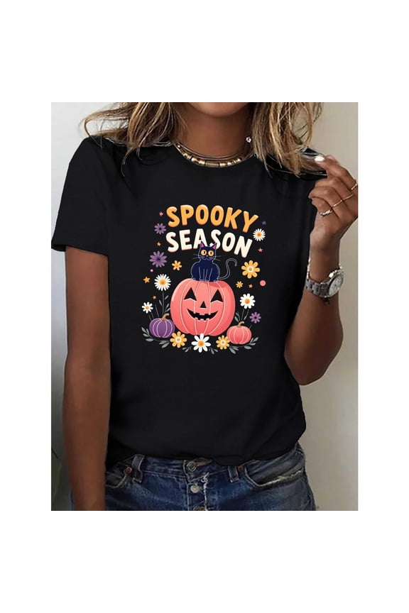 Women's Halloween T-Shirt - Pumpkin Cat Graphic Tee with Spooky Season Text - Comfortable Short Sleeve Top,Classic，cotton，black，S-5XL