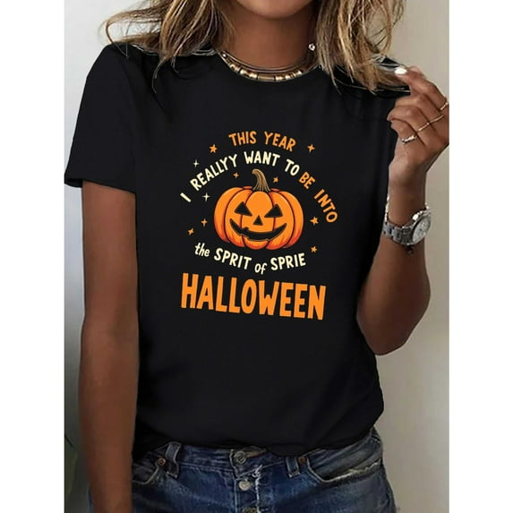 Women's Halloween T-Shirt, Pumpkin Graphic Tee, Soft Fall Tops, Comfortable Casual Halloween Party Costume, Classic,cotton,black,S-5XL