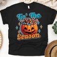 thumbnail image 1 of Women's Halloween T-Shirt, "Tis’ The Season" Candy-Filled Pumpkin Graphic Tee, Black, Size L, 1 of 6