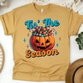 thumbnail image 1 of Women's Halloween T-Shirt, "Tis’ The Season" Candy-Filled Pumpkin Graphic Tee, Gold, Size M, 1 of 6