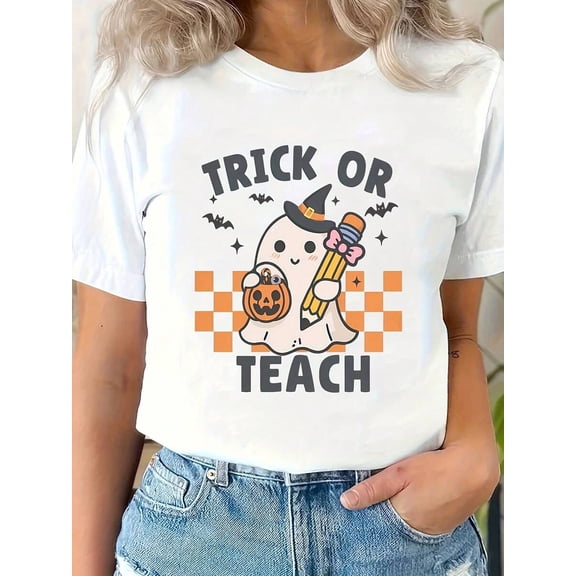 Women's Halloween T-Shirt - Trick Teach Teaching Costume Party Tee - White Crew Neck Short Sleeve Top - Lightweight Casual Shirt For Halloween Party Outfits & Everyday Fall Wear - Machine Washable