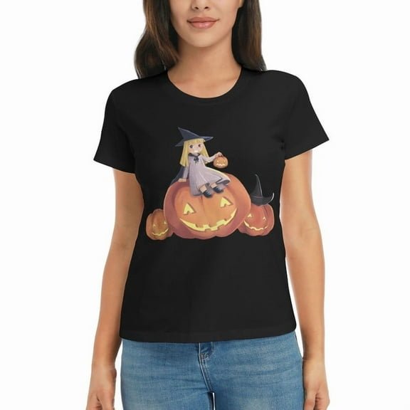 Women's Halloween T-Shirt Witch and Pumpkin print Graphic Cozy Cute Short Sleeve Cotton Tee Halloween Novelty Tee Top