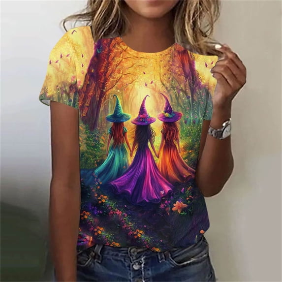 Women's Halloween T-Shirts Short Sleeve Crewneck Casual Fall Tees Three Witches Graphic Print Novelty Tops for Autumn Holiday Party Everyday Wear Loose Fit Shirts