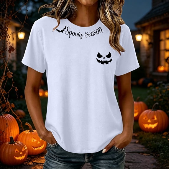 Women's Halloween T-Shirts Spooky Season Graphic Tops Short Sleeve Crewneck Casual Fall Shirts Evil Pumpkin Face Print Festive Holiday Comfortable Activewear