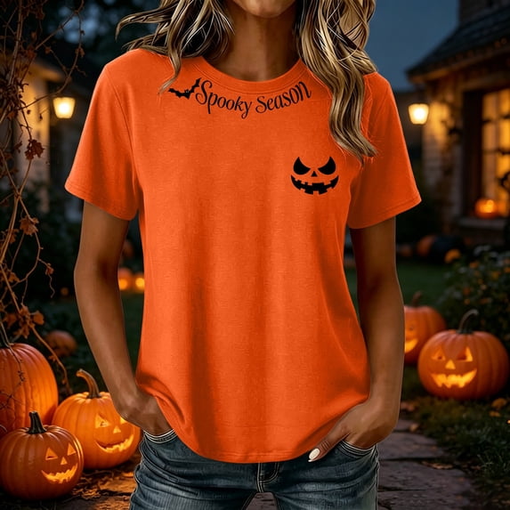 Women's Halloween T-Shirts Spooky Season Graphic Tops Short Sleeve Crewneck Casual Fall Shirts Evil Pumpkin Face Print Festive Holiday Comfortable Activewear