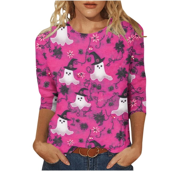 Women's Halloween Tee 3/4 Sleeve Crew Neck Ghost Pumpkin Graphic Shirts Plus Size Casual Cute Pullover Tops Loose Fit (4XL, Hot Pink)