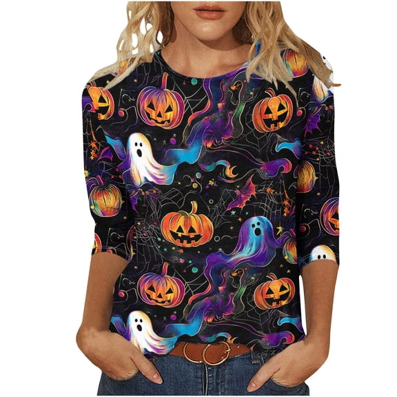 Women's Halloween Tee 3/4 Sleeve Crew Neck Ghost Pumpkin Graphic Shirts Plus Size Casual Cute Pullover Tops Loose Fit (XXL, Multicolor-C)