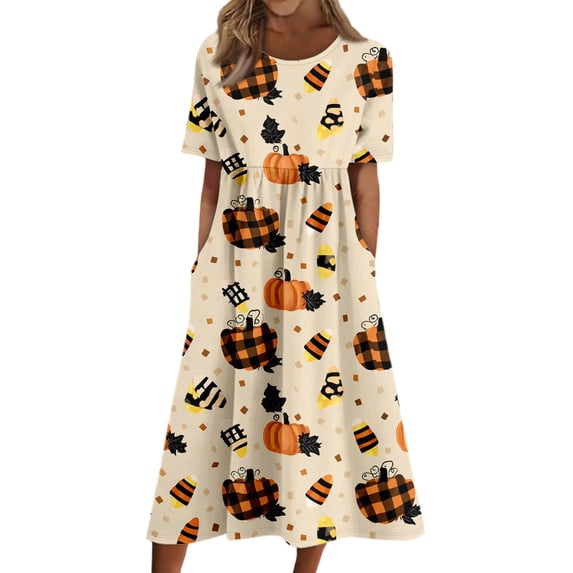 Women's Halloween Themed Casual Dress, Round Neck with Pockets Style , Everyday Outings, Halloween Print Casual Dress for Ladies Khaki 2XL