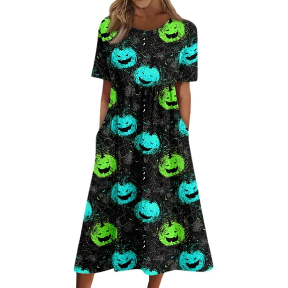 Women's Halloween Themed Casual Dress, Short Sleeve V-Neck Design for Daily Wear, Everyday Outings, Halloween Print Fashion Dress for Women Green 2XL
