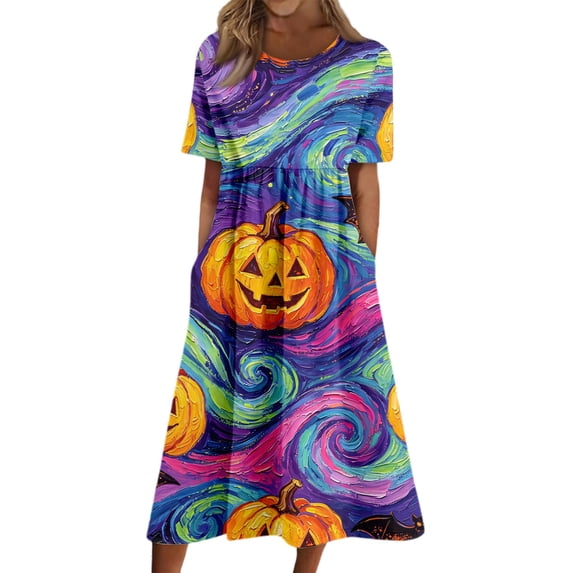 Women's Halloween Themed Casual Dress, Short Sleeve V-Neck Design for Daily Wear, Everyday Outings, Halloween Print Fashion Dress for Women Purple L