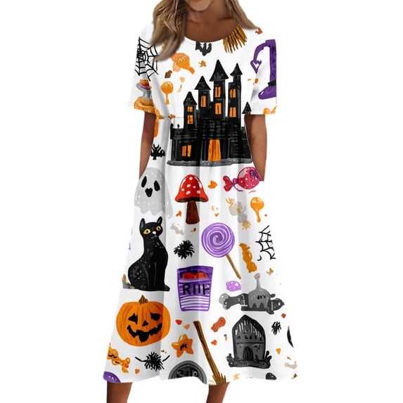 Women's Halloween Themed Casual Dress, Short Sleeve V-Neck Design for Daily Wear, Everyday Outings, Halloween Print Fashion Dress for Women Light Purple 2XL