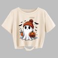 thumbnail image 1 of Women's Halloween Themed Ghost Pumpkin Skeleton Distressed Crop Tee Round Neck Short Sleeve T-shirts (Beige1 M), 1 of 2