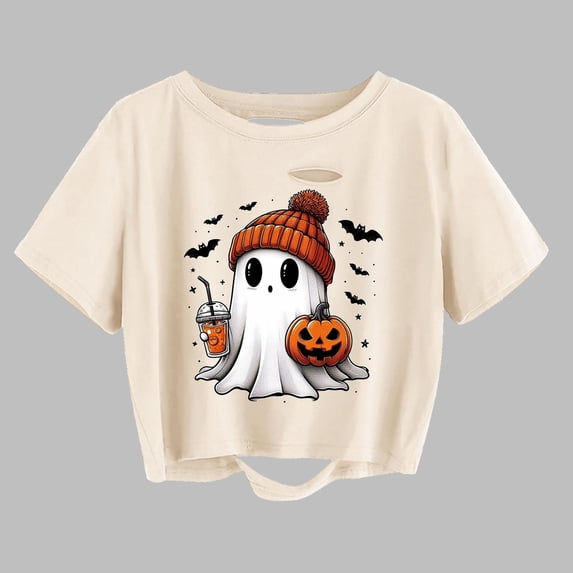 Women's Halloween Themed Ghost Pumpkin Skeleton Distressed Crop Tee Round Neck Short Sleeve T-shirts (Beige1 M)