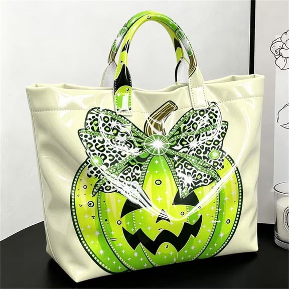 Women’s Halloween Themed Tote Bag, Pumpkin Pattern Handbag, Spacious Reusable Grocery Bag for Halloween Trick or Treat