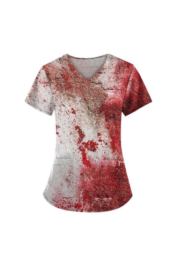 Women’s Halloween V-Neck T-Shirt – Spooky Ghosts, Pumpkins, Bats & Letter Print Short Sleeve Top, Festive Holiday Tee