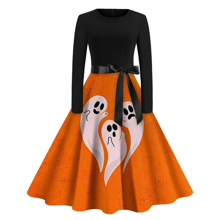 Women s Halloween Vintage A Line Dress Long Sleeve Ghost Print Midi Dress with Belt Walmart