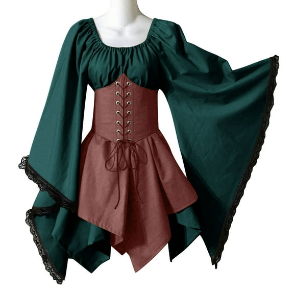 Women's Halloween Vintage Corset Dress Long Ruffled Bell Sleeve Square Neck Mini Dress Coffee S