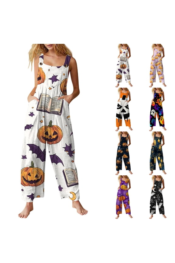Women's Halloween Witch Book Pumpkin Bat Print Adjustable Strap Bib Overalls Wide Leg Jumpsuit With Pockets Brown 2XL