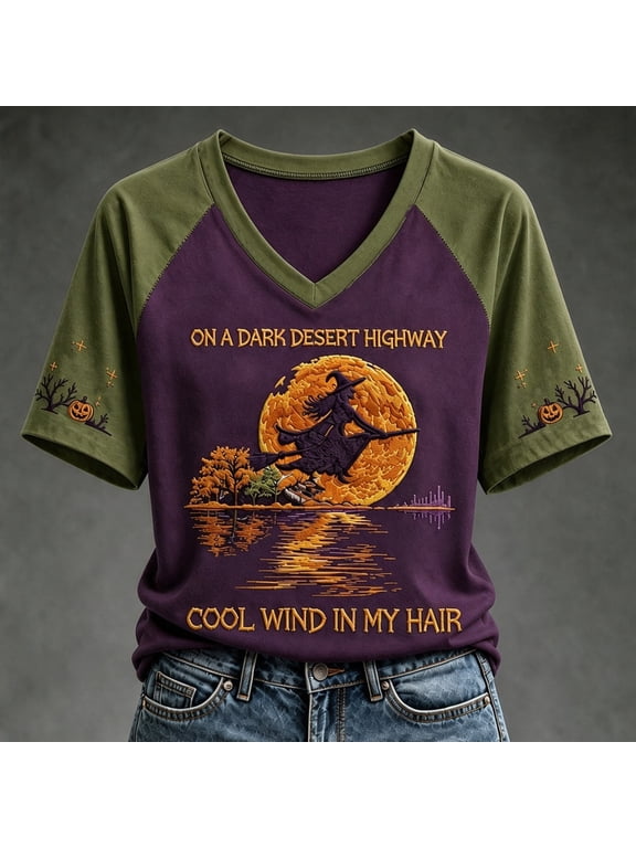 Women's Halloween Witch Graphic V-Neck T-Shirt, On A Dark Desert Highway Cool Wind in My Hair Fall Festival Short Sleeve Tee Army Green S