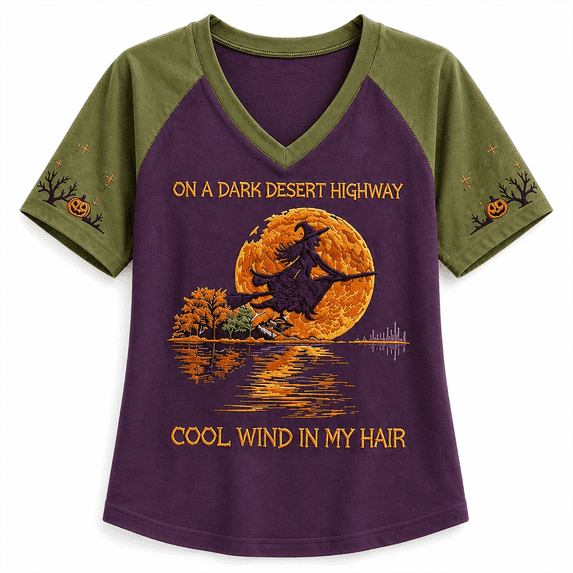 Women's Halloween Witch Moon Graphic T Shirt V Neck Short Sleeve Color Block Raglan Casual Fall Printed Tee Top