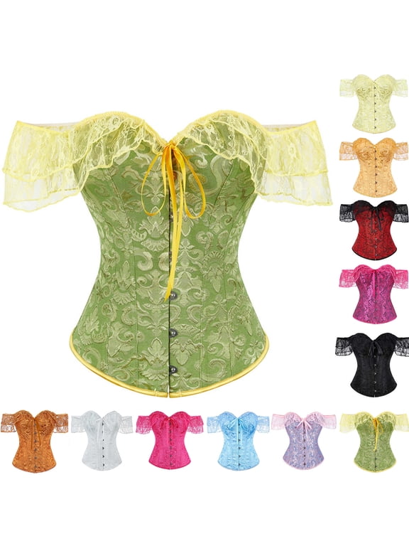 Corsets Bustier Tops Women's Halloween off Shoulder Floral Ruffle Mesh Sleeve Front Hook Fishbone Bodice Tops for Bridal Renaissance Party Green S