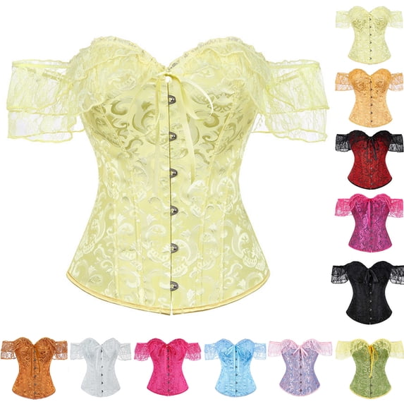 Women's Halloween off Shoulder Floral Corset Bustier Ruffle Mesh Sleeve Front Hook Fishbone Bodice Tops for Bridal Renaissance Party Yellow S