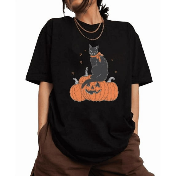 Women's Halloween pattern T-shirt ,Black tie cat and pumpkin design,Pattern printing,Casual short sleeve,Halloween costume,Classic,cotton,black,S-5XL