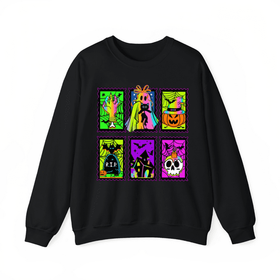 Women's Halloween six-grid pumpkin ghost pattern, round-neck long-sleeved cotton comfortable black S-3XL