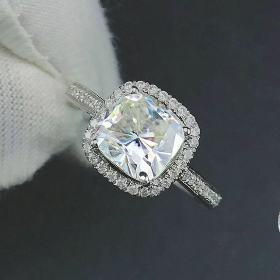 Women's Halo Beautiful Engagement Ring White Cushion Cut Diamond 14k White Gold Plated
