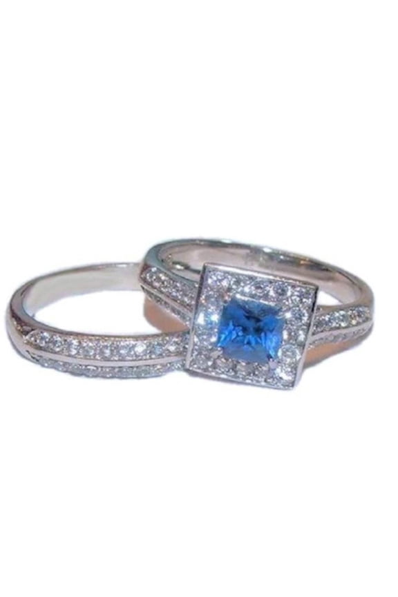 Women's Halo Sapphire Blue  Clear Cz Wedding Ring Set Stainless Steel