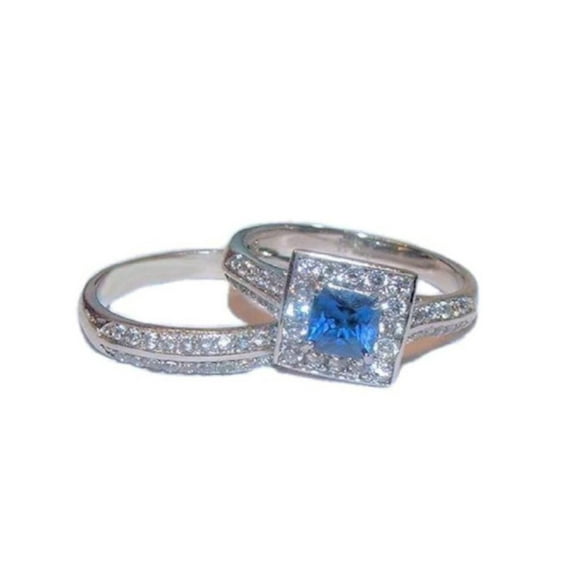 Women's Halo Sapphire Blue Clear Cz Wedding Ring Set Stainless Steel