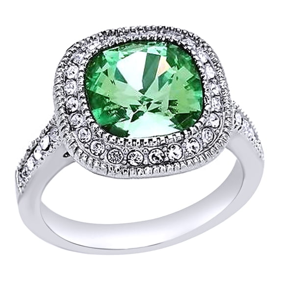 AFFY Women's Halo Simulated Green Emerald With CZ Engagement Ring In 14K White Gold Over Sterling Silver