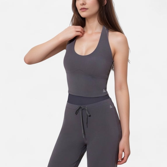 Women's Halter Active Tank Top with Scoop Neckline Seamless Stretch Fit and Built-In Light Support Shelf - Gray, Medium