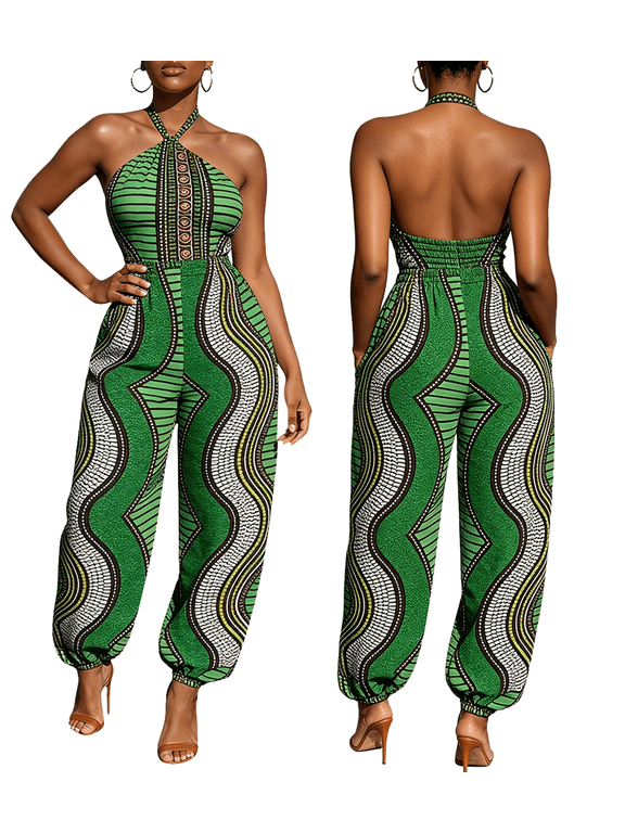Women's Halter African Dashiki Print Jumpsuit, Sleeveless Backless Elastic Waist Loose Harem Jumpsuit with Pockets, Casual One Piece Outfit