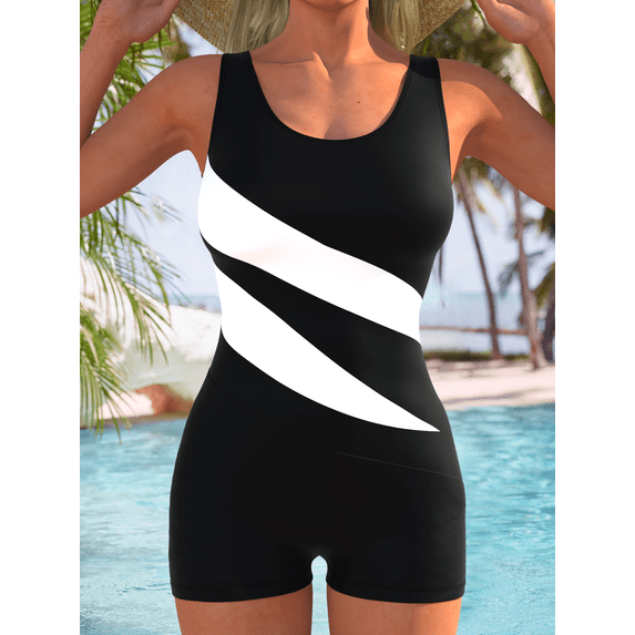 Women's Athletic Tank Top One‑Piece Boyleg Swimsuit, Black White Striped Print Quick Dry Sun Protection Beach Bathing Suit