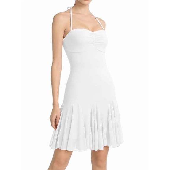 Women's Halter Backless Mesh Ruffle Hem Mi-Ni Dresses Homecoming Club Night Out Short Dresses White XL