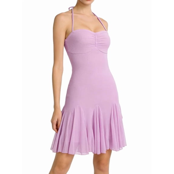 Women's Halter Backless Mesh Ruffle Hem Mi-Ni Dresses Homecoming Club Night Out Short Dresses XS
