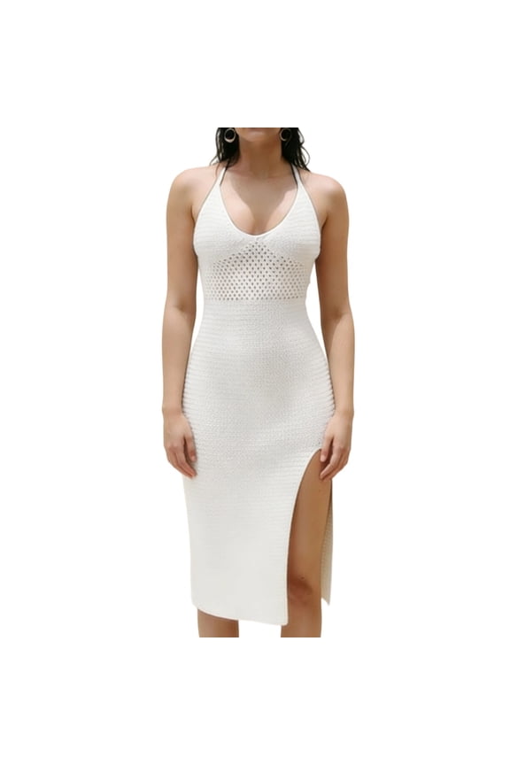 Women's Halter Backless Side Split Maxi Sundress Oversized Pointelle Knit Beach Cover Up Dress,White,S