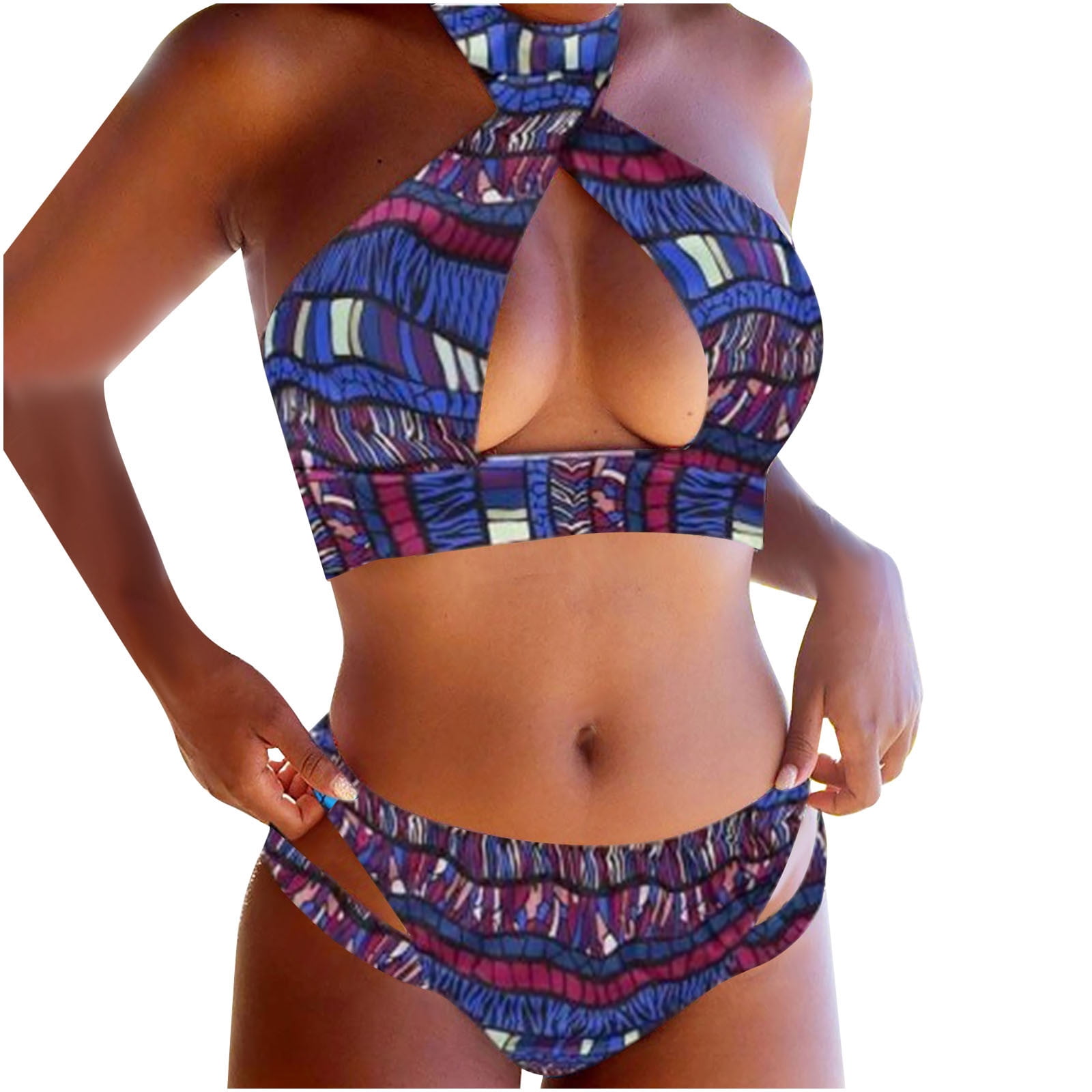 Women's Halter Bikini Set African Tribal Totems Printing Swimsuit Cutout  Low Rise Push-Up Bikini Bathing Suit 