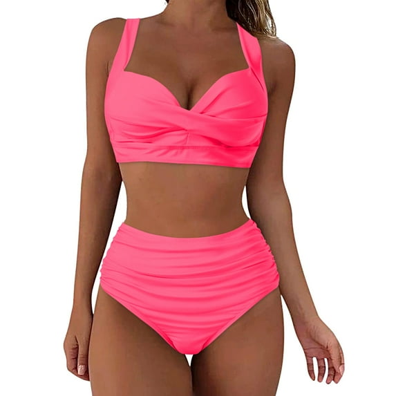 Clearance! Hontri Women High Waisted Bikini Sexy Push up Two Piece Swimsuits Vintage Swimsuit Two Piece Retro Ruched High Waist Print Bikini Set Tankini Swimsuits for Women Pink S