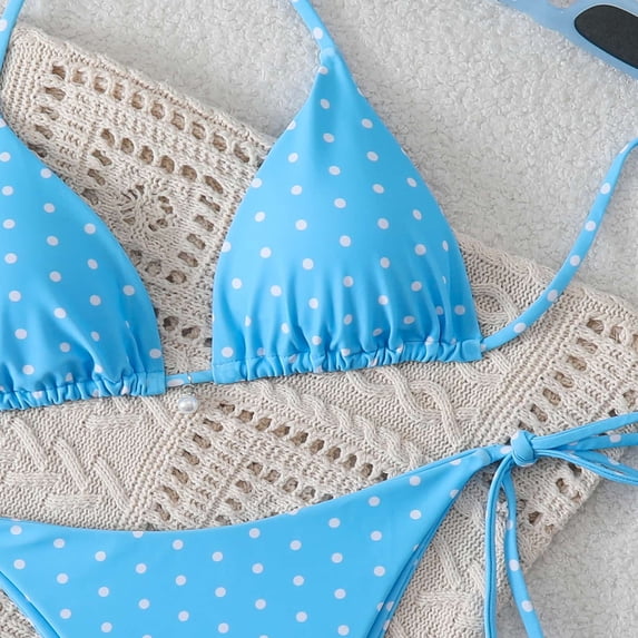 Women's Halter Bikini Set Triangle Top String Swimwear Two Piece Swimsuits Cheeky Bathing Suit Blue M