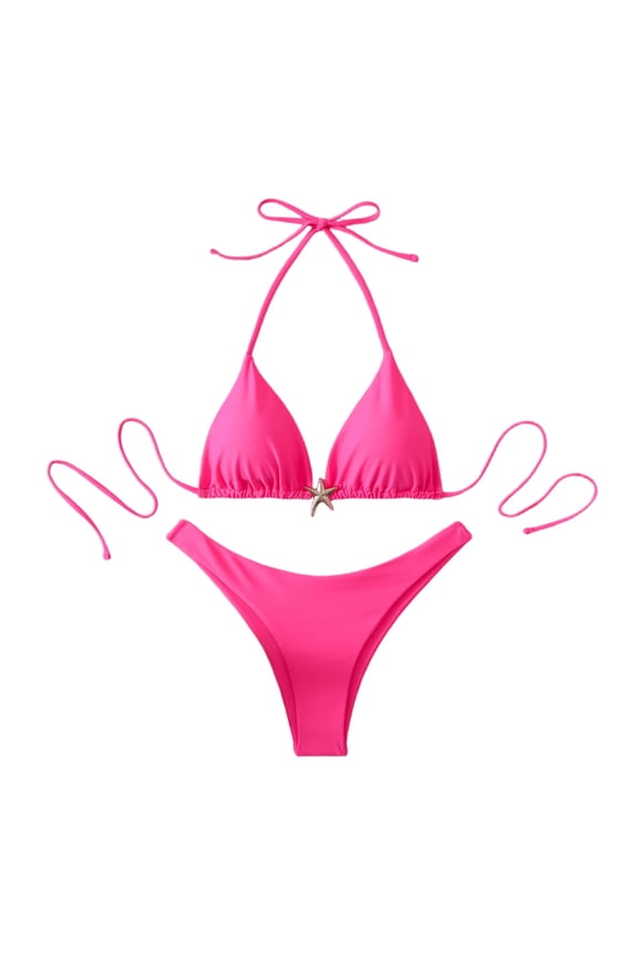 Women's Halter Bikini Sets Beads Tie Side Solid Triangle Thong Swimsuit Two Piece Cheeky Bathing Suits (Pink,S)